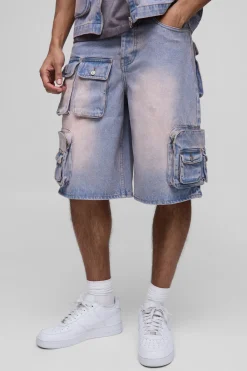 boohooMAN Jean-short cargo en denim rose délavé, coupe régulière<Homme Jorts|Denim