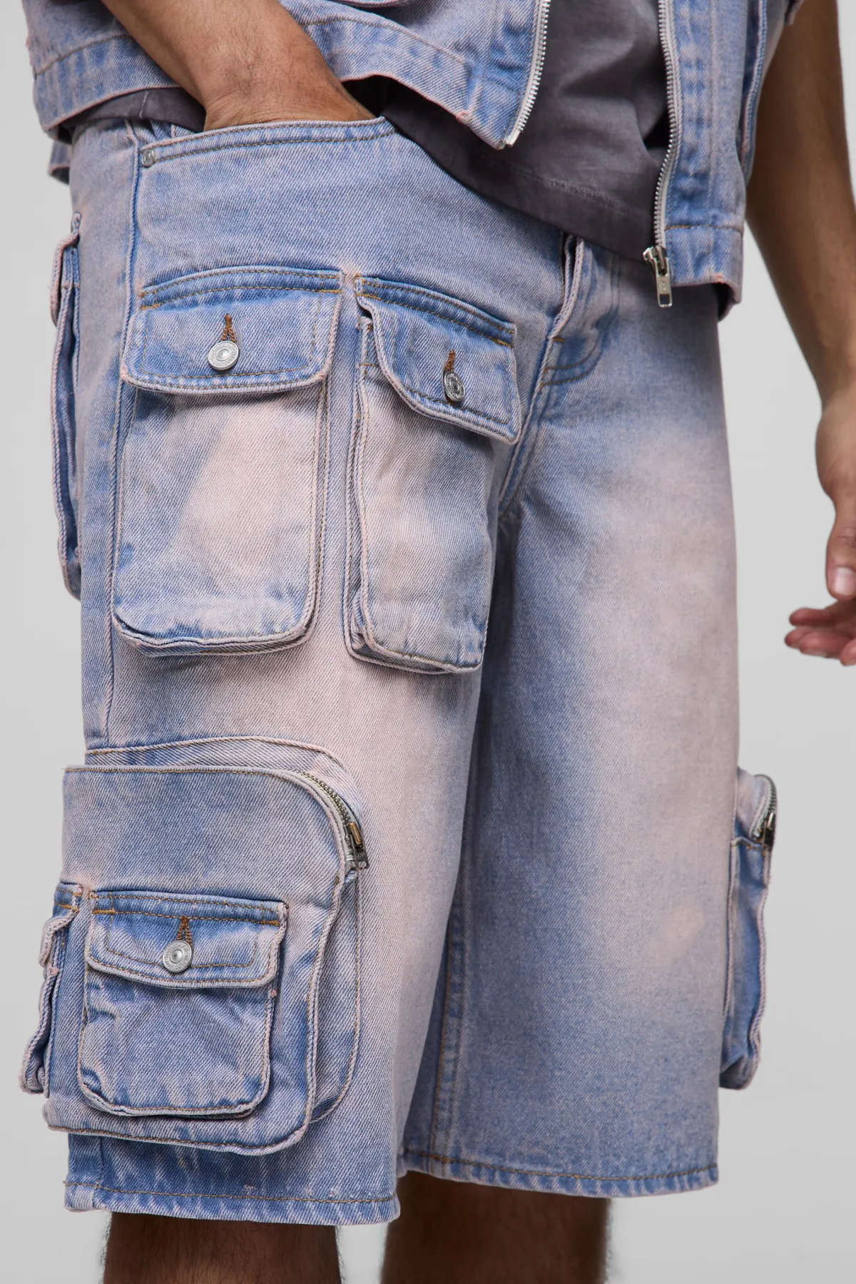boohooMAN Jean-short cargo en denim rose délavé, coupe régulière<Homme Jorts|Denim