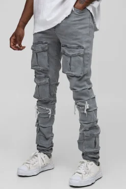 boohooMAN Jean skinny cargo grande taille à fronces, déchiré et réparé, avec lavage glacé<Homme Denim|Tout Afficher