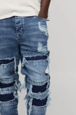 Jean Skinny Empilé Déchiré Et Réparé Délavé