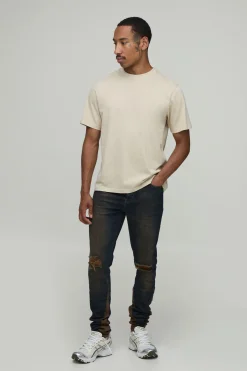 boohooMAN Jean Skinny Empilé À Soufflet Avec Genoux Déchirés Et Lavage Froissé<Homme Denim|Denim