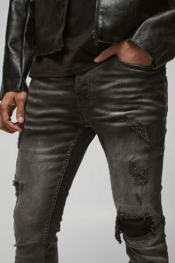 boohooMAN Jean Skinny Stretch Déchiré & Réparé en Tissu Original<Homme Denim|Denim