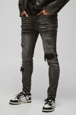 boohooMAN Jean Skinny Stretch Déchiré & Réparé en Tissu Original<Homme Denim|Denim