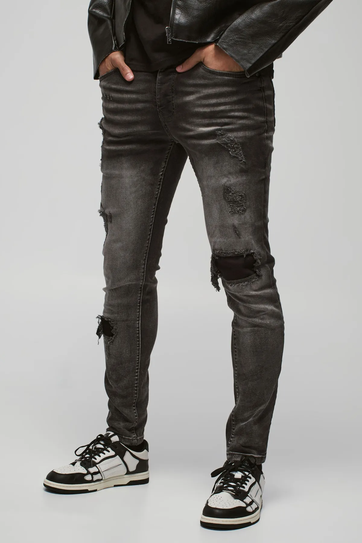 boohooMAN Jean Skinny Stretch Déchiré & Réparé en Tissu Original<Homme Denim|Denim
