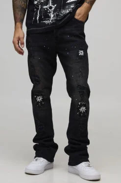 boohooMAN Jean Skinny Évasé Déchiré et Réparé avec Motif Bandana et Éclaboussures de Peinture<Homme Denim|Denim