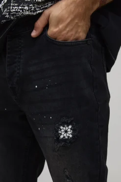 boohooMAN Jean Skinny Évasé Déchiré et Réparé avec Motif Bandana et Éclaboussures de Peinture<Homme Denim|Denim