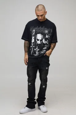 boohooMAN Jean Skinny Évasé Déchiré et Réparé avec Motif Bandana et Éclaboussures de Peinture<Homme Denim|Denim