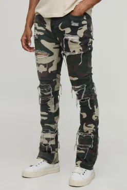 Jean Skinny Évasé Empilé Camouflage Avec Effet Usé