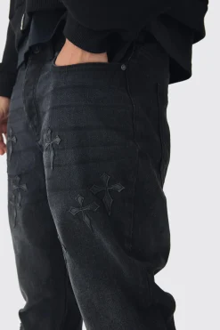 boohooMAN Jean Slim Rigid Flare en denim lavé à appliqués croisés<Homme Denim|Denim