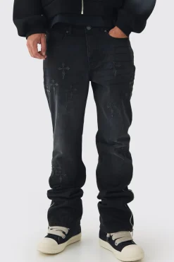 boohooMAN Jean Slim Rigid Flare en denim lavé à appliqués croisés<Homme Denim|Denim