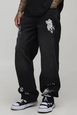 Jeans longs décontractés, rigides, à fleurs brodées