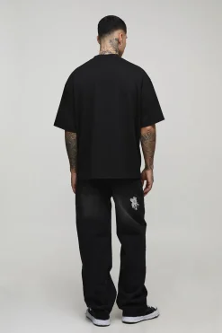 Jeans longs décontractés, rigides, à fleurs brodées