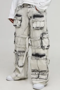 Jeans multi-cargo super baggy, extrêmement délavés