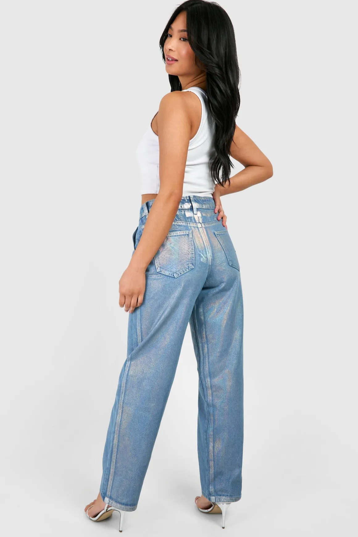 Jeans Petite Taille Droits à Revêtement Métallique Irisé