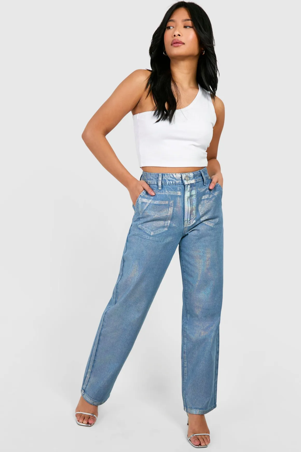 Jeans Petite Taille Droits à Revêtement Métallique Irisé