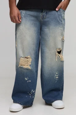 Jeans Plus Chain imprimés, déchirés, coupe baggy