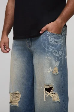 Jeans Plus Chain imprimés, déchirés, coupe baggy