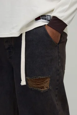 Jeans Plus délavé à cordon de serrage, coupe décontractée