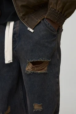 Jeans pour hommes grands à effet usé, avec cordon de serrage, coupe décontractée