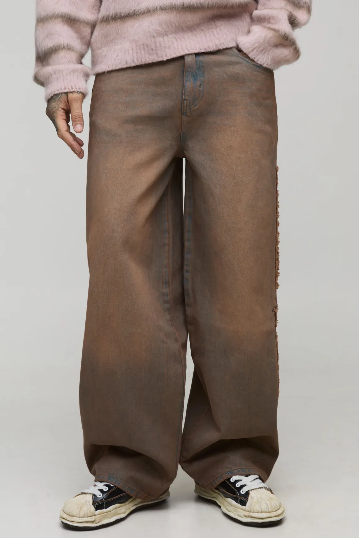 Jeans raw délavés pour grande taille avec appliqué et coupe baggy