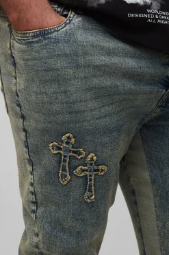 Jeans Skinny Plus Superposés à Appliqué Croisé et à Empiècement