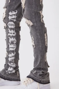 Jeans skinny stretch à empilement, distressed, à empiècement brodé