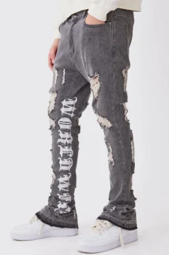 Jeans skinny stretch à empilement, distressed, à empiècement brodé