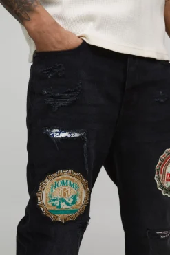 Jeans Slim Flare avec appliqué, insigne et empiècement