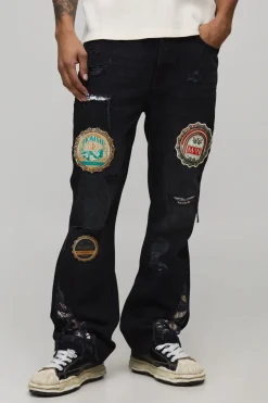 Jeans Slim Flare avec appliqué, insigne et empiècement