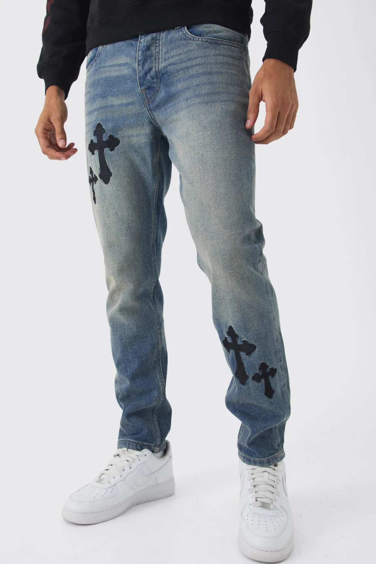 boohooMAN Jeans slim rigide à broderie croisée<Homme Denim|Denim