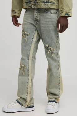 Jeans slim évasés à panneaux et appliqués croisés