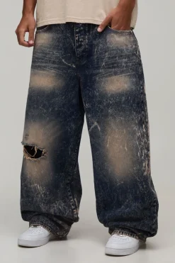 Jean Super Ample Délavé Extrême Déchiré Pour Grande Taille
