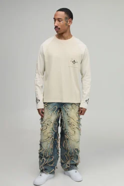 boohooMAN Jean Super Ample Teinté Avec Appliqué À Bords Bruts<Homme Denim|Denim