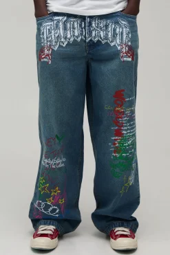 Jean Super Baggy Effet Vieilli À Imprimé Graffiti