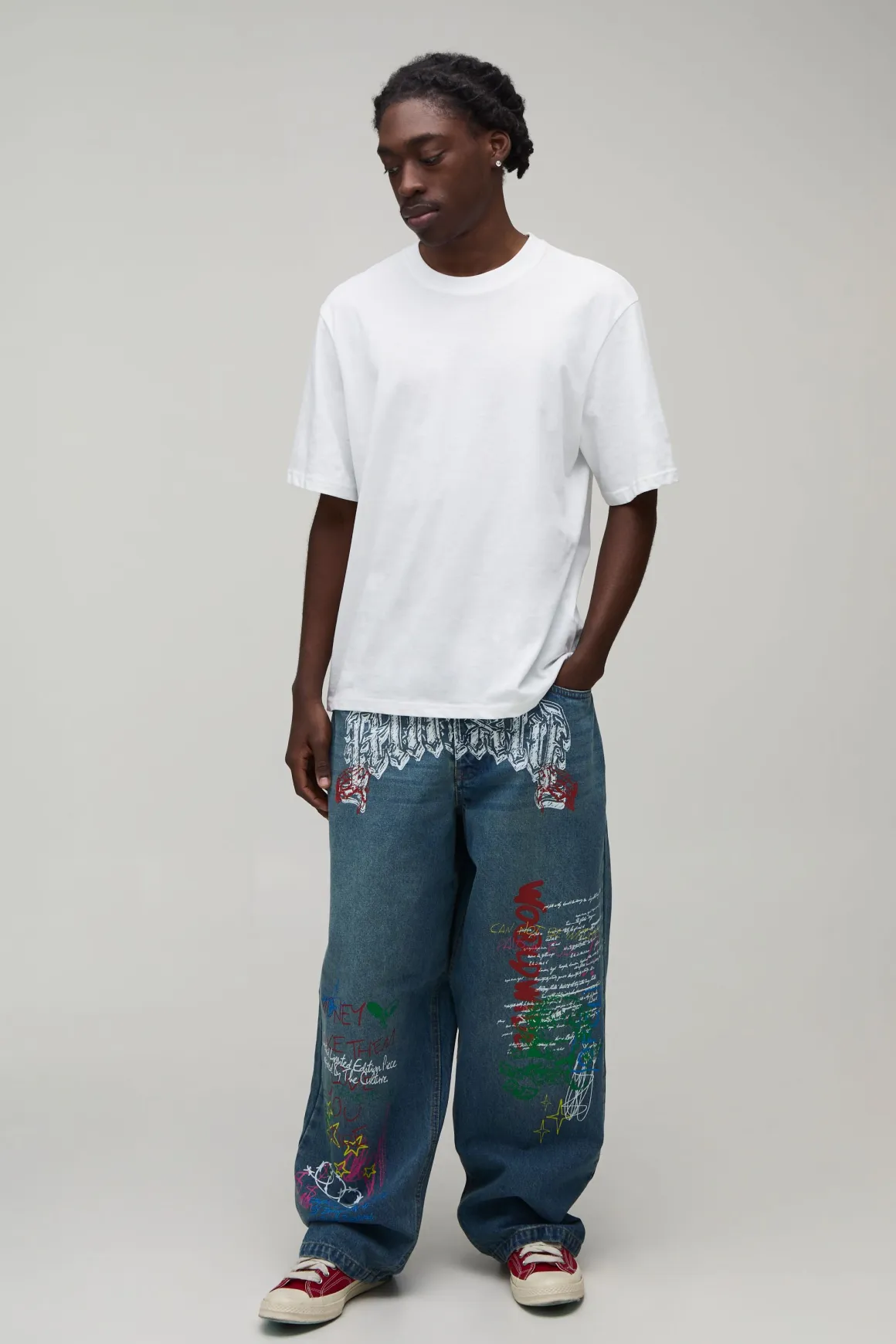 Jean Super Baggy Effet Vieilli À Imprimé Graffiti