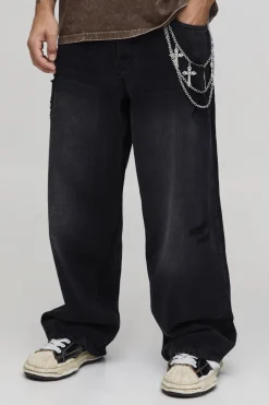 Jean Super Baggy Gothique Délavé Effet Usé Avec Détails De Chaînes