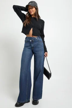 Jean Taille Haute à Ceinture Croisée et Jambes Larges