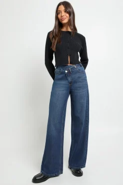 Jean Taille Haute à Ceinture Croisée et Jambes Larges