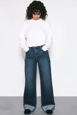 Jean Taille Haute Jambe Large à Revers