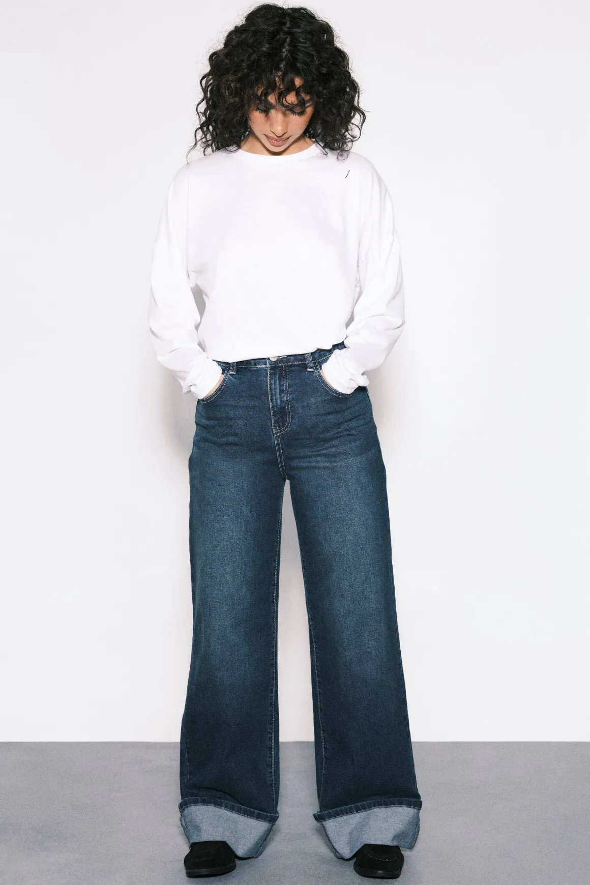 Jean Taille Haute Jambe Large à Revers
