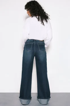 Jean Taille Haute Jambe Large à Revers