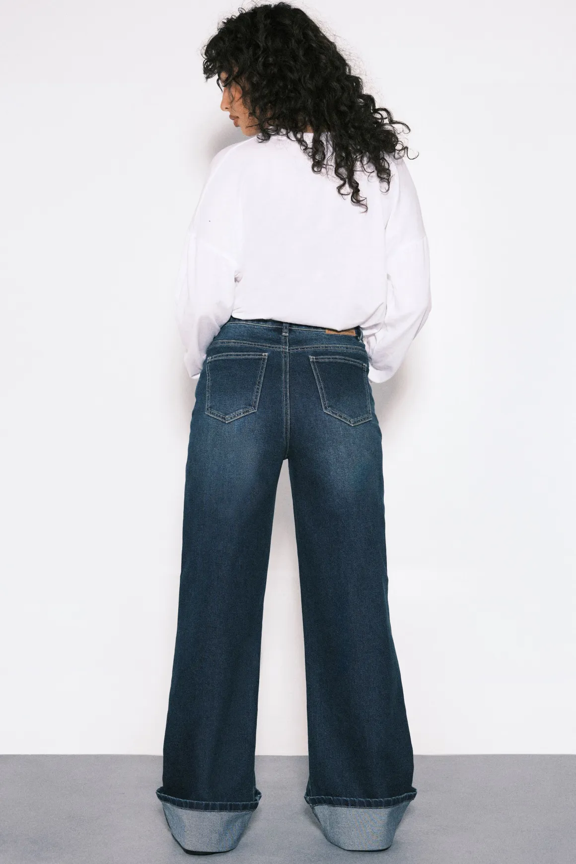Jean Taille Haute Jambe Large à Revers