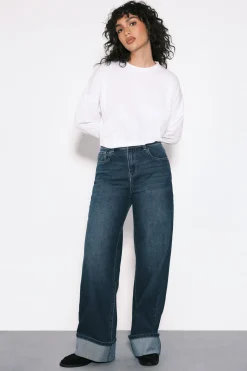 Jean Taille Haute Jambe Large à Revers
