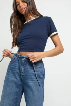 boohoo Jean Taille Haute à Jambes Larges avec Ceinture Élastique<Femme Denim|Jeans