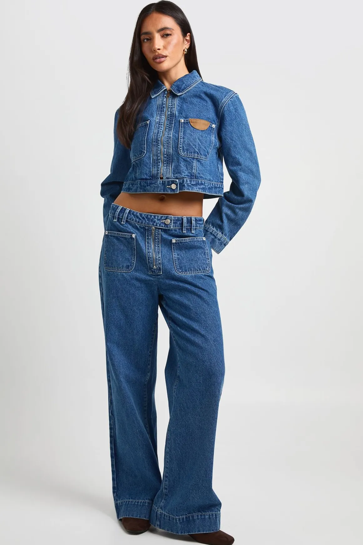 Jean Taille Haute À Poches Détaillées Jambe Large