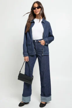Jean à taille haute à rayures, ourlet retroussé et jambe large