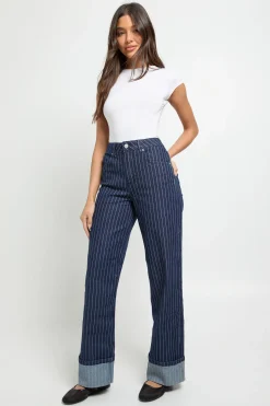 Jean à taille haute à rayures, ourlet retroussé et jambe large