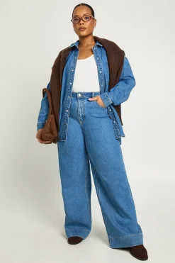 boohoo Jean Taille Moyenne Ourlet Profond Jambe Large Plus<Femme Denim|Jeans