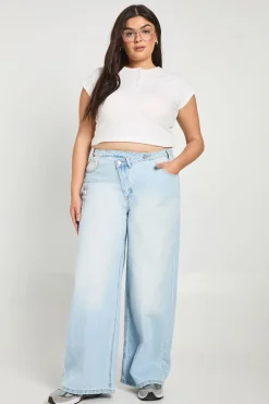 Jean Taille Plus à Taille Haute avec Ceinture Croisée et Jambes Larges