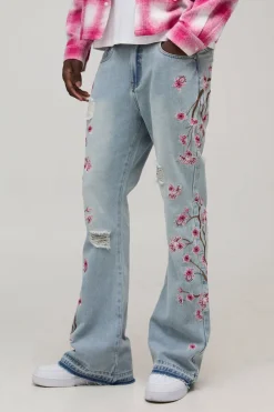 Jean Évasé Brodé Floral Effet Usé À Ourlet Défait